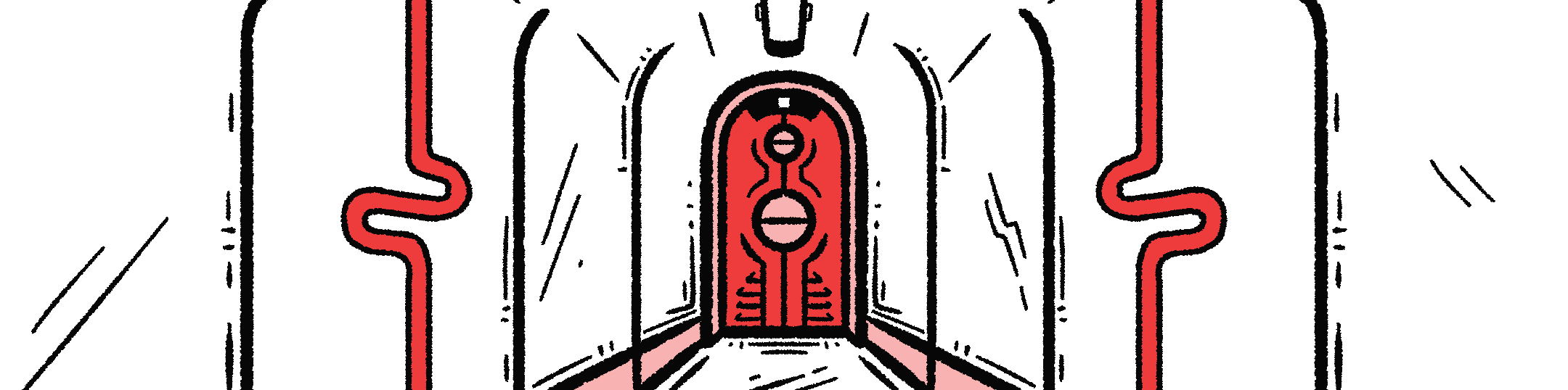 Illustration of a futuristic, white hallway with a red door at its end. Two red, squiggly designs appear on each wall.